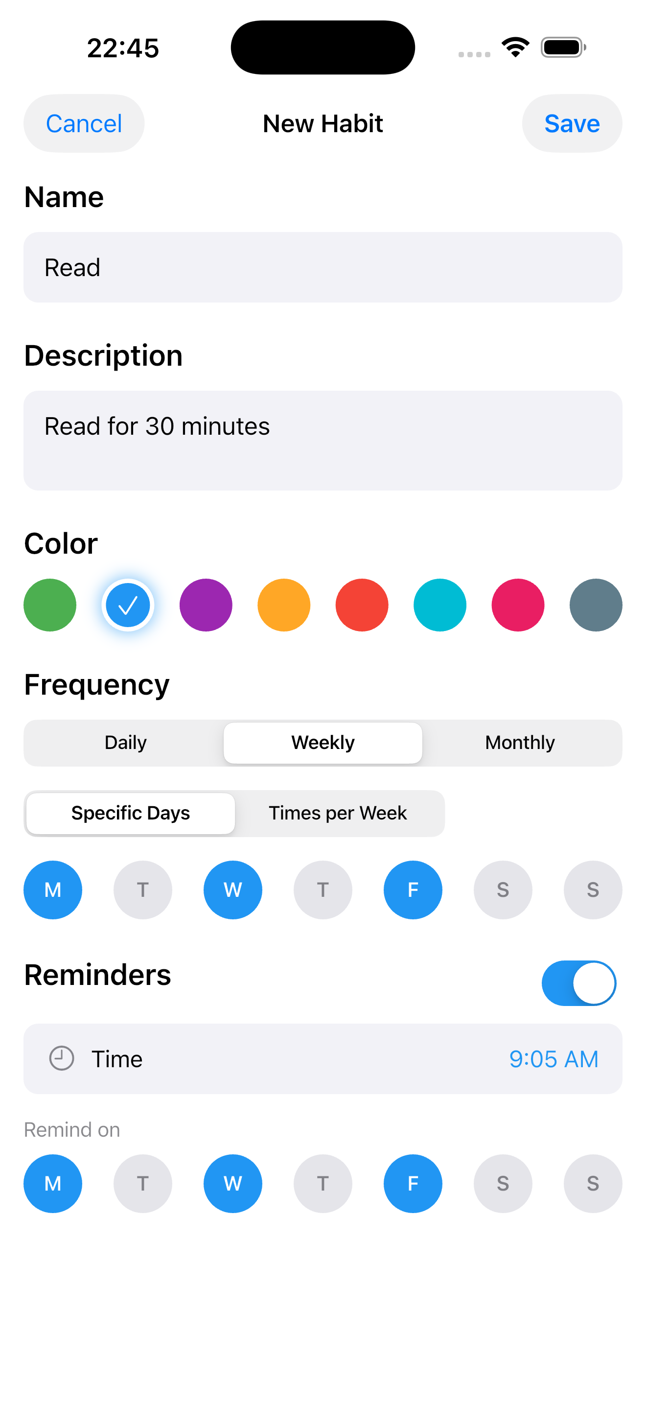 Create new habit screen
